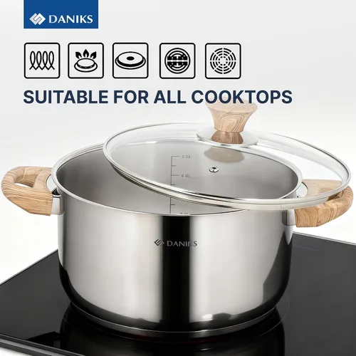 Miniatura 7 de Daniks Oslo - Juego de 6 utensilios de cocina de acero inoxidable con tapas de vidrio, bases de tres capas para calefacción uniforme, compatible