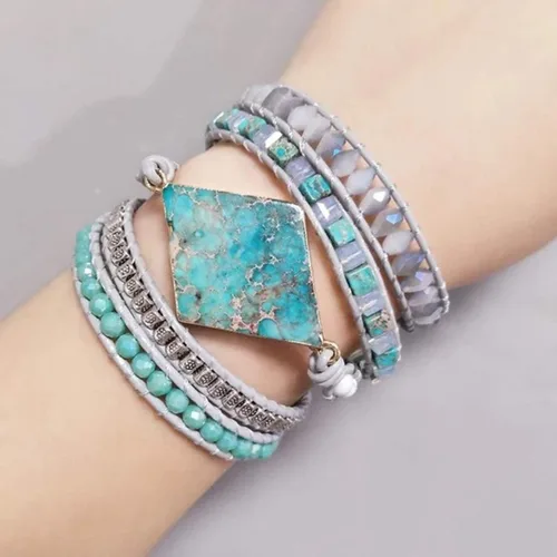 Miniatura 4 de Ygline Pulsera bohemia hecha a mano, con piedra de cristal, envolvente, de cuero, para mujer