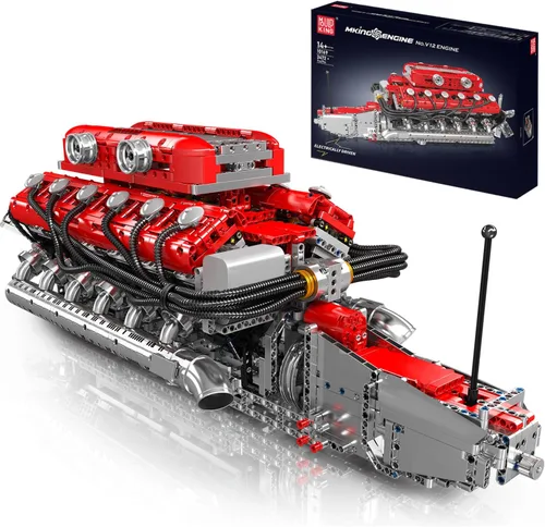 Mould King Kit de modelo de motor V12 que funciona – Juego de bloques de construcción de mini motores motorizados con batería y cambio de marchas,