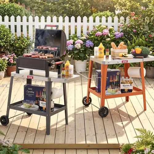 Miniatura 6 de Feasto Carro de Parrilla al Aire Libre, Mesa con Horno de Pizza con Ruedas, Encimera de Acero Inoxidable con Mesa Extensible Plegable, Carro de Negro