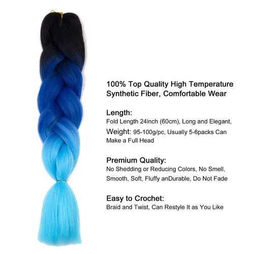 Miniatura 2 de Ombre Kanekalon - Extensiones de cabello trenzado de 24 pulgadas, 3.53 onzas/pieza, extensiones de cabello sintético (negro-azul-azul claro), 3