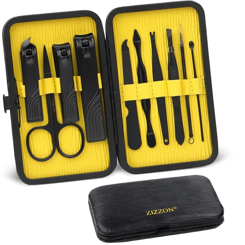 ZIZZON Juego de manicura mini de viaje, juego de cortauñas 10 en 1 de acero inoxidable, kit de cuidado de pedicura y aseo con estuche Negro-Amarillo