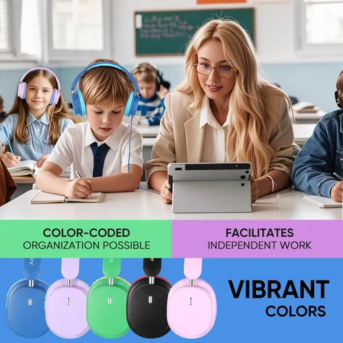 Miniatura 2 de Auriculares para niños en paquete de 5 unidades para la escuela, auriculares con micrófono HD y sonido estéreo sobre la oreja para el aula, ajuste