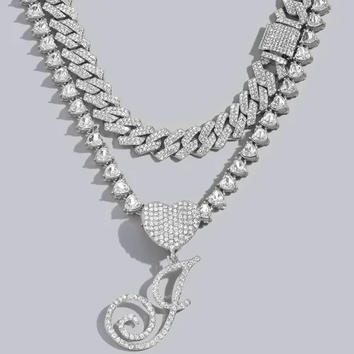 Miniatura 5 de DLSIXNCO Cadena de eslabones cubanos de plata para mujer, collares en capas con iniciales cursivas en forma de corazón, collar con colgante