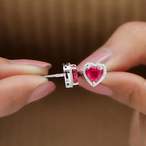 Miniatura 4 de 3.5 CT Lab Created Ruby and Moissanite Earrings, Created Ruby Stud Earrings with Moissanite Halo, Created Ruby Heart Stud Earrings, 14K Solid Gold
