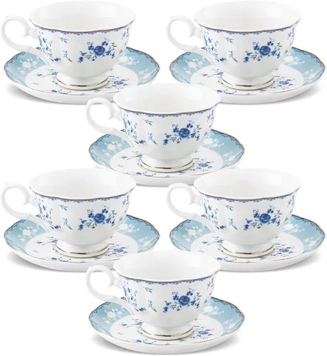 fanquare - Juego de 6 tazas de té de rosa azul de 5 onzas, tazas de café de porcelana con borde dorado para fiesta en casa, tazas y platillos