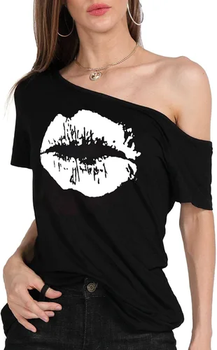 Miniatura 15 de MAGICMK - Camiseta casual para mujer, con estampado de labios y hombro descubierto, talla extragrande