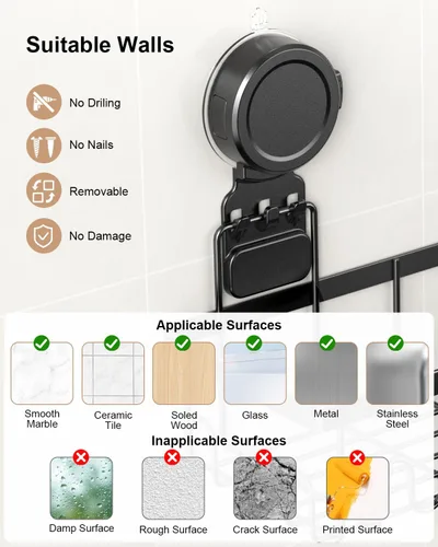 Miniatura 6 de JOTPE Estante de ducha con ventosa, paquete de 5 unidades, sin taladrar y con ventosa extraíble para baño con gran capacidad, potente organizador