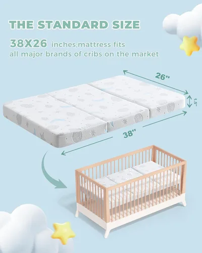 Miniatura 2 de Colchón triple de 38 x 26 pulgadas, transpirable, de felpa suave, espuma viscoelástica para bebés y niños pequeños, incluye bolsa de transporte