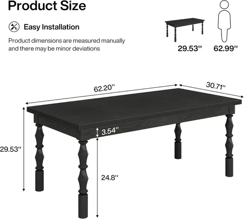 Miniatura 2 de Tribesigns Mesa de comedor de madera negra para 4 a 6 personas, mesa de cocina rectangular grande de 62 pulgadas, mesa de comedor moderna, muebles