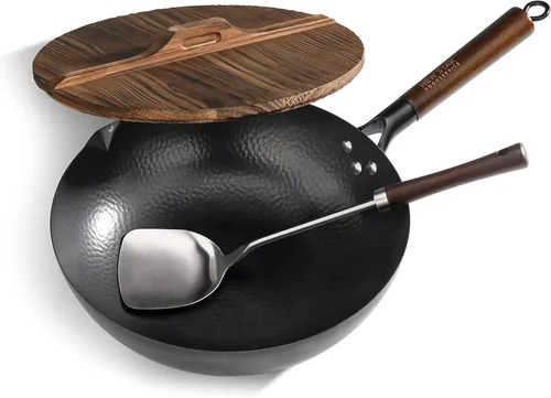 New Star Foodservice 1029154 Acero al carbono martillado a mano, acero al carbono Wok antiadherente, incluye fondo redondo de 12.7 pulgadas, tapa de
