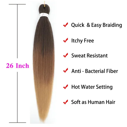 Miniatura 3 de Cabello Trenzado Ombré Pre-Estirado 26 Pulgadas Ombré Marrón 8 Paquetes/Lote Trenza Fijación con Agua Caliente Cabello Sintético Profesional