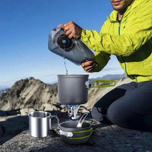 Miniatura 8 de Odoland - Juego de 8 utensilios de cocina para acampar, juego de ollas y sartenes con mini estufa de mochilero, taza de acero inoxidable, soporte