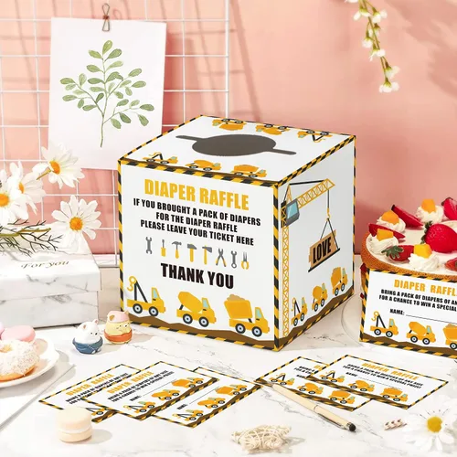 Miniatura 6 de Boletos para rifas de pañales de excavadora con caja, 1 caja de rifa de pañales y tarjeta de 50 rifas de pañales, boletos para rifas de pañales