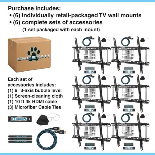 Miniatura 2 de Cheetah Soporte de TV inclinable (paquete de 6) para televisores de 32 a 86 pulgadas de hasta 165 libras, con (6) cables HDMI de 10 pies, VESA