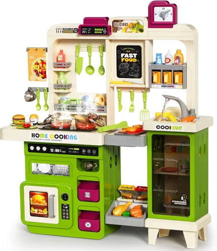 Pupu Pig Juego de cocina para niños, cocina de juego con estufa de juguete, parrilla, fregadero, comida de juguete, accesorios de cocina, juego