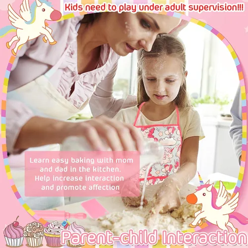 Miniatura 6 de KAEGREEL Juego de chef para hornear para niños con delantal de unicornio y manopla, juego de cocina para niños de 26 piezas con sombrero de chef