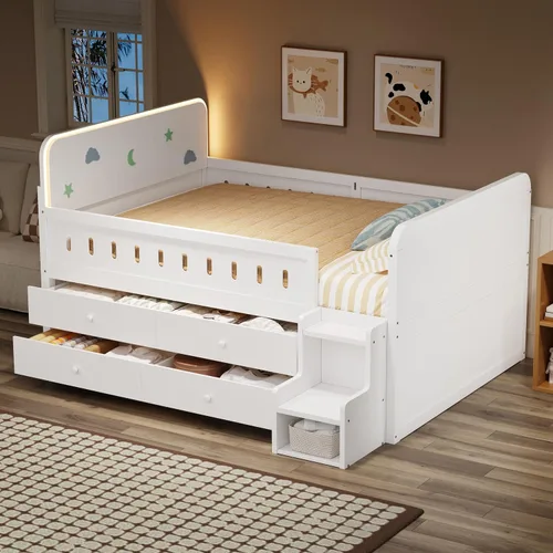 Miniatura 12 de Harper & Bright Designs Cama diván Full con cama nido, marco de cama nido de madera Full con barandas de seguridad, cama Full Montessori para Nuez