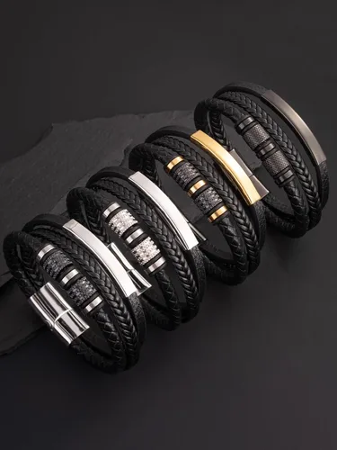 Miniatura 4 de Pulsera de cuero para hombre con hebilla de acero inoxidable 316L Pulsera trenzada multicapa Regalo para hombres NegroChapado en OroBlanco Chapado