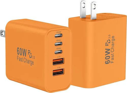 Miniatura 9 de Bloque de cargador de pared rápido USB C, paquete de 2 cubos de carga USBC de 60 W, adaptador de corriente PD+QC de 5 puertos ladrillo multipuerto