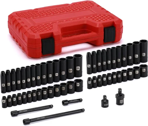 EMENTOL Juego de 55 llaves de vaso de impacto profundas y poco profundas de 1/4 pulgadas, CR-V, SAE/métrico, 6 puntos, 5/32 pulgadas - 9/16
