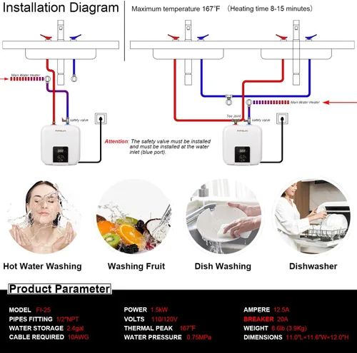 Miniatura 7 de Tanque pequeño de 110V/115v/120V 1400-1500W para debajo del fregadero, calentador de agua de 2.5 galones con almacenamiento en caliente, mini