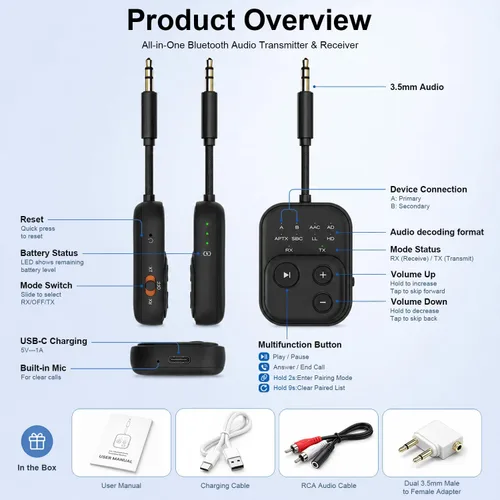 Miniatura 9 de 2026 Pro Bluetooth 6.0 Audio Transmitter Receiver Bluetooth Adapter for TV/Airplane/Gym/Car/Home Stereo to Wireless Headphones,Stable Connection