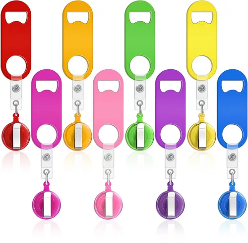 Honoson Abrebotellas retráctil de bartender, 8 piezas, abridor de cerveza plano con clips redondos para carrete de insignia, soporte para cocina,