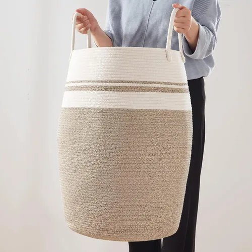 Miniatura 7 de OIAHOMY Cesta de lavandería tejida de cuerda de algodón, grande, cesto alto para ropa con asas de algodón extendidas para almacenamiento de ropa