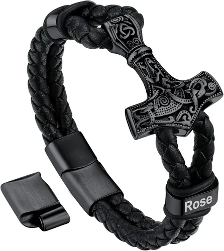 Bandmax Pulsera trenzada de cuero negro para hombre con colgante gótico punk, pulsera de cuero con hebilla de acero inoxidable, paquete de regalo