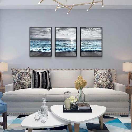 Miniatura 3 de Arte en lienzo enmarcado en negro para decoración de sala de estar y dormitorio - Pintura de pared de playa en blanco y negro - Imágenes de olas