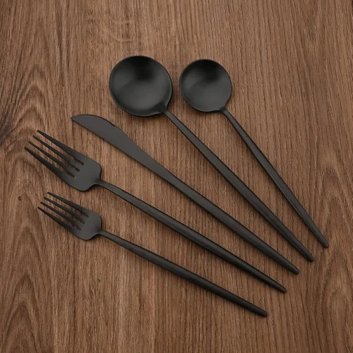 Miniatura 6 de Juego de cubiertos de 28 piezas con cuchillos para carne, cubiertos de acero inoxidable 18/8, juego de cubiertos modernos para 4 tenedores de Negro