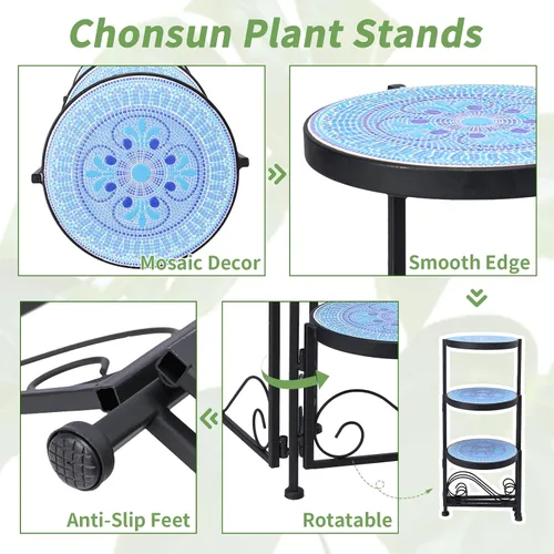 Miniatura 3 de Soporte de cerámica de mosaico de 3 niveles para plantas, soporte plegable de hierro forjado, no requiere montaje, estante para plantas de ahorro