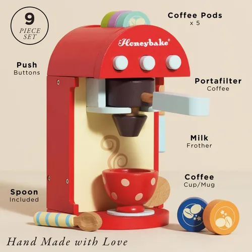 Miniatura 2 de Le Toy Van - Honeybake - Juego de máquina de café de madera prémium - Juego de juguetes de cocina y café Accesorios de cocina de juguete para Rojo