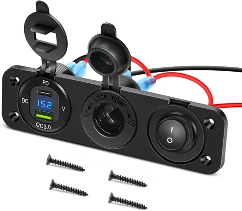 Nilight Panel de enchufe de cargador 4 en 1 PD tipo C y QC 3.0 USB con pantalla LED voltímetro y encendedor de cigarrillos, interruptor de corte de