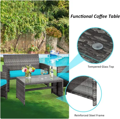 Miniatura 7 de Tangkula Juego de 4 piezas de mimbre para patio, sofás de ratán al aire libre con juego de mesa, juego de muebles de patio con cojines suaves y mesa