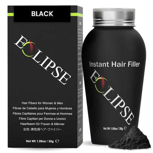 ECLIPSE - Fibras de cabello negras para adelgazar el cabello para mujeres y hombres para ocultar la pérdida de cabello en 15 segundos, 100% fibras
