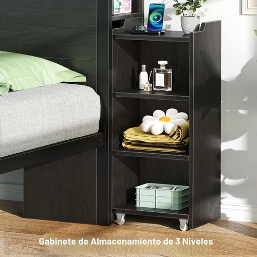 Miniatura 5 de Rolanstar - Marco de cama tamaño completo con cabecera de almacenamiento tipo librero, almacenamiento deslizable lateral, cama con estación de carga