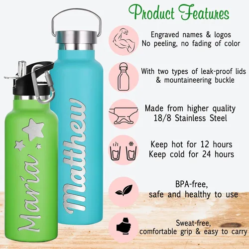Miniatura 3 de Botellas de agua personalizadas con tapa de popote de 12/26 onzas con nombre grabado, logotipo, botella aislada personalizada, botellas de agua