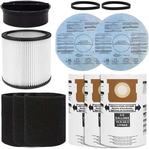 Filtro 90304 para aspiradora en seco y húmedo Shop Vac con tapa, 3 piezas de filtro de manga de espuma 90585, 2 piezas de filtro 9010700 con banda