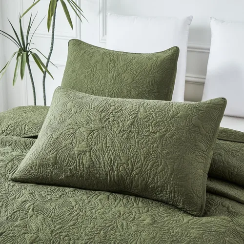 Brandream Olive Green Floral Vine Quilted Pillow Shams Set of 2 ?Luxury 100% Cotton Botanical Stitching Decorative Pillow Covers, Soft Breathable