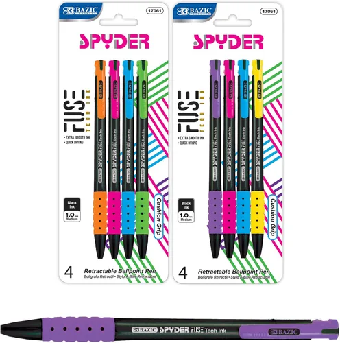 BAZIC PRODUCTS Spyder - Bolígrafos retráctiles negros de 0.039 pulgadas (0.039 in), mediano, 4 unidades, para escuela, oficina, hogar