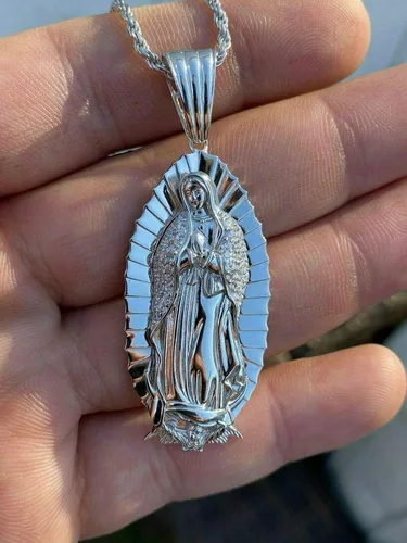 Miniatura 8 de Harlembling Solid 925 Sterling Silver - Men's Virgin Mary Pendant - Iced Nuestra Señora de Guadalupe