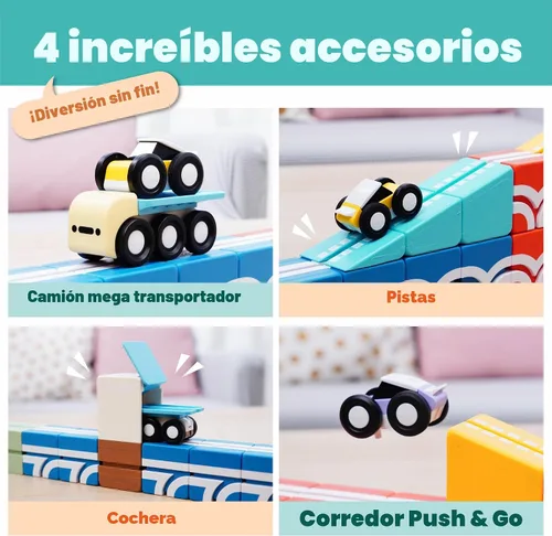 Miniatura 3 de QBI - Juego de bloques magnéticos de inicio 4 en 1 Bloques de construcción STEM con 4 autos y baldosas de pista 3D Juguetes magnéticos
