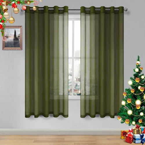 Miniatura 44 de DWCN Cortinas traslúcidas color verde frijol para sala de estar y dormitorio - Cortinas voile con aspecto de lino sintético con ojales en la parte
