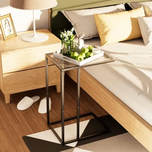 Miniatura 7 de Mesa auxiliar de cristal en C, mesa auxiliar para sofá, mesa auxiliar de vidrio templado con marco de metal, mesa de bandeja de TV para espacio Negro