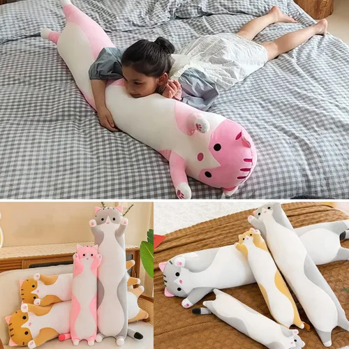 Miniatura 6 de Almohada gigante de gatos de peluche con dibujos animados y gatitos, almohada para dormir, suave y larga, almohada para el cuerpo, muñeca y gato