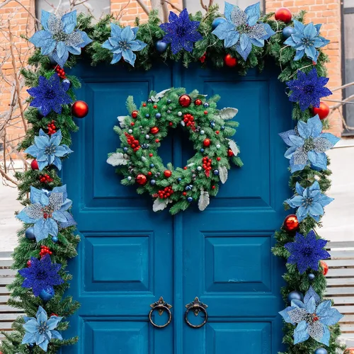Miniatura 7 de Winlyn Púas de flores de Pascua de Navidad de 3 estilos, adornos para árbol de Navidad y 12 yardas, cinta decorativa con alambre para árbol de Azul
