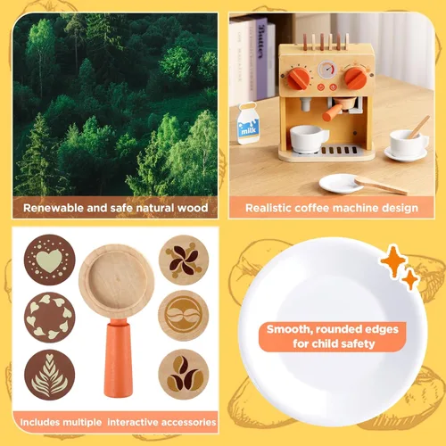 Miniatura 3 de GAGAKU Máquina de café de madera de juguete para niños, juego de máquina de café de simulación con accesorios para cocina de juego, juguetes