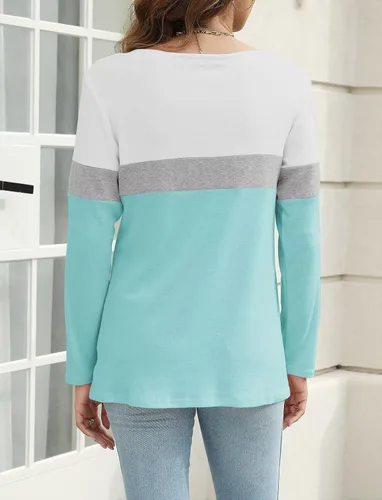 Miniatura 5 de Minetom Camisetas de manga larga con cuello en V para mujer, estilo casual, bloque de colorsólido, camisetas básicas